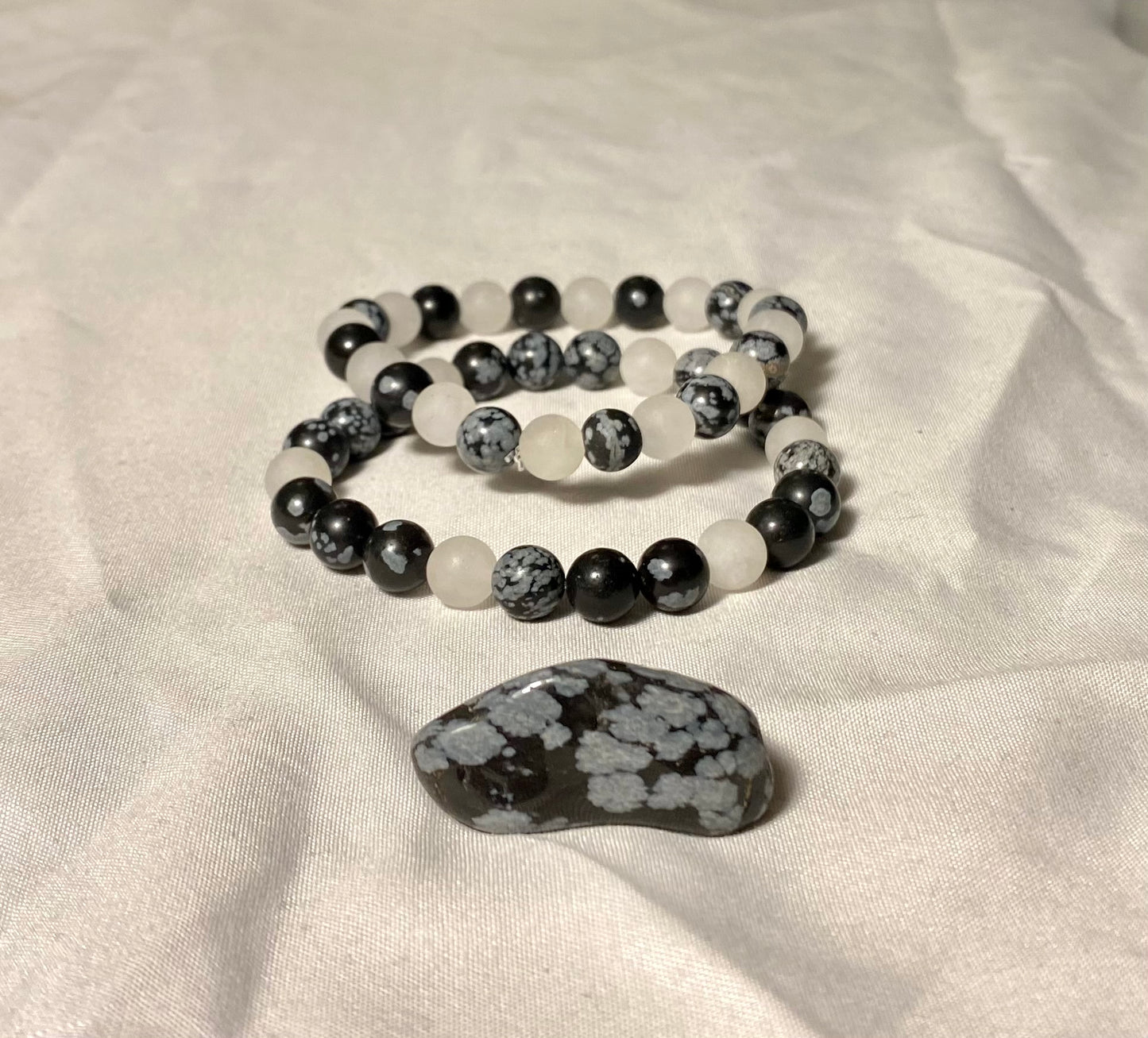 Snowflake Obsidian & White Jade Bracelet Set