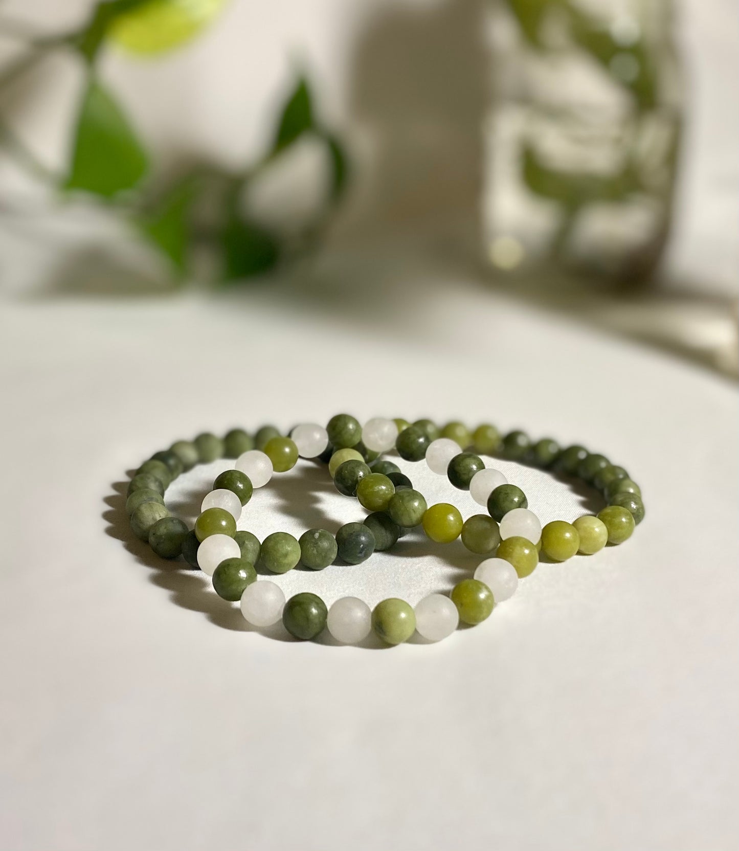 Olivine Jade & White Jade Bracelet Set