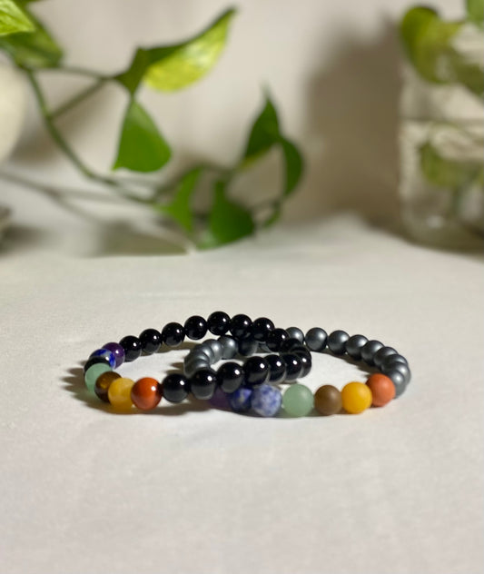 Hematite, Black Onyx & The 7 Chakras Bracelet Set